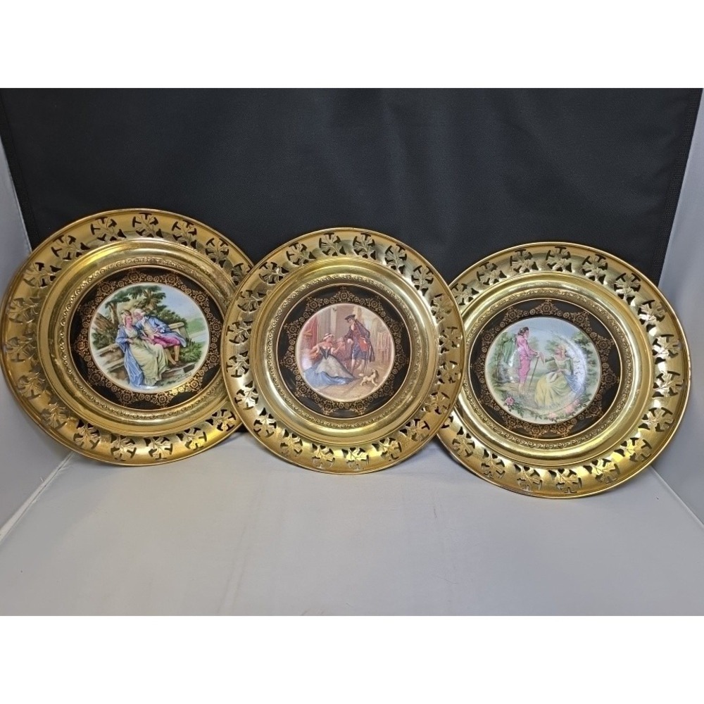 Set Of 3 Vintage Regency Bone Wall Decor Plate Mounted in Brass Filigree 10"